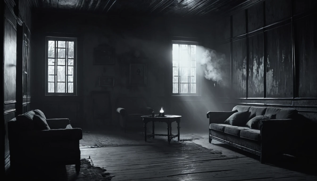 a room in an old, uninhabited house, the furniture was rotten and scattered, the atmosphere was foggy, scary, on the walls were sticks of bamboo torches, captured in a haunting, monochromatic film noir style, with heavy shadows and a sense of foreboding. realistic, cinematic, details, 8k