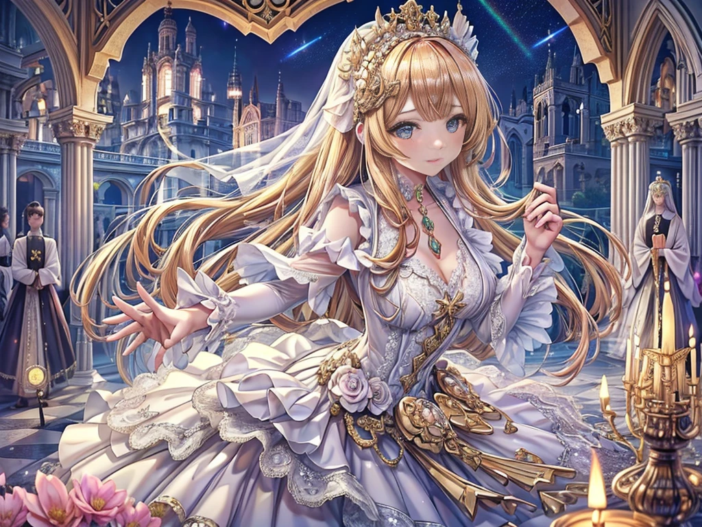 (((Dress Transparent Dress))), (((The dress features a voluminous hoop skirt and a long hem.、A gorgeous, incomparably gorgeous Rococo Victorian gown, Princess style skirt))), (ガウン shine まばゆいばかりに キラキラ 反射する プリズム状 透明 ガウン:1.2), (Gown A very elaborate gown:1.5), ((Huge breasts)), (Expressive hair), Very voluminous、Very long hair, bangs, Super delicate and beautiful face, Beautiful Lips, (Hyper Detail: Delicate and beautiful eyes), Cleavage, Beautiful smile, (((Young Face, Solo Enchanting Adorable Princess, Teenage Girl, pretty girl, very pretty girl))), (Anime Moe Art Style 1.3), (((masterpiece, Super detailed, Highest quality, Ultra-high resolution, Great quality, Exceptional Quality, Super detailed, Ultra-high resolution, Unity 16K, 32k, ultra photo Realistic))), (Face Focus, Eye focus, Realistic, Blurred Background, Lens flare, shine, Light caustic effect:1.5), (Background of the church at night:1.3), Put your hands together