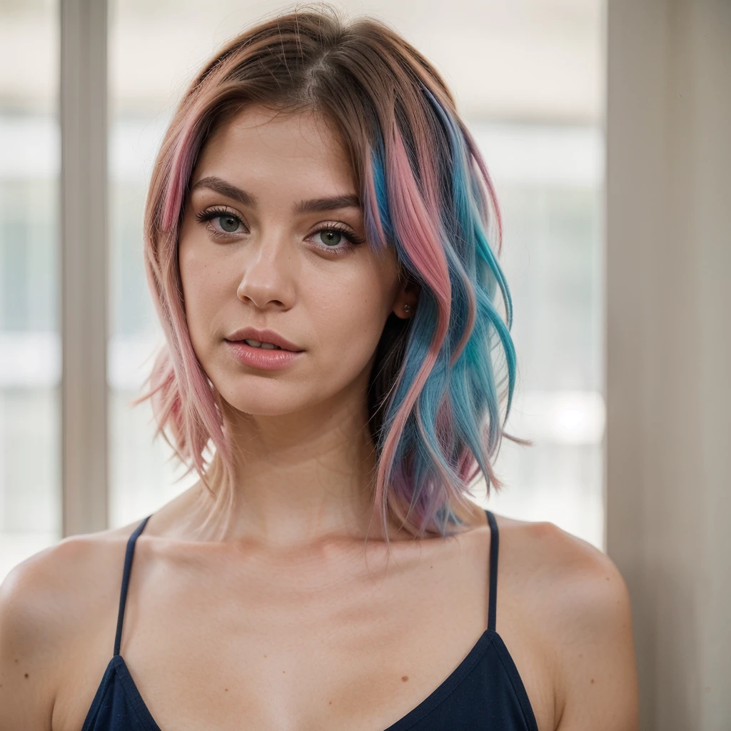 realistic portrait photo of an attractive woman with blue and pink hair split, influencer, light brown eyes, no makeup, defined face, instagram