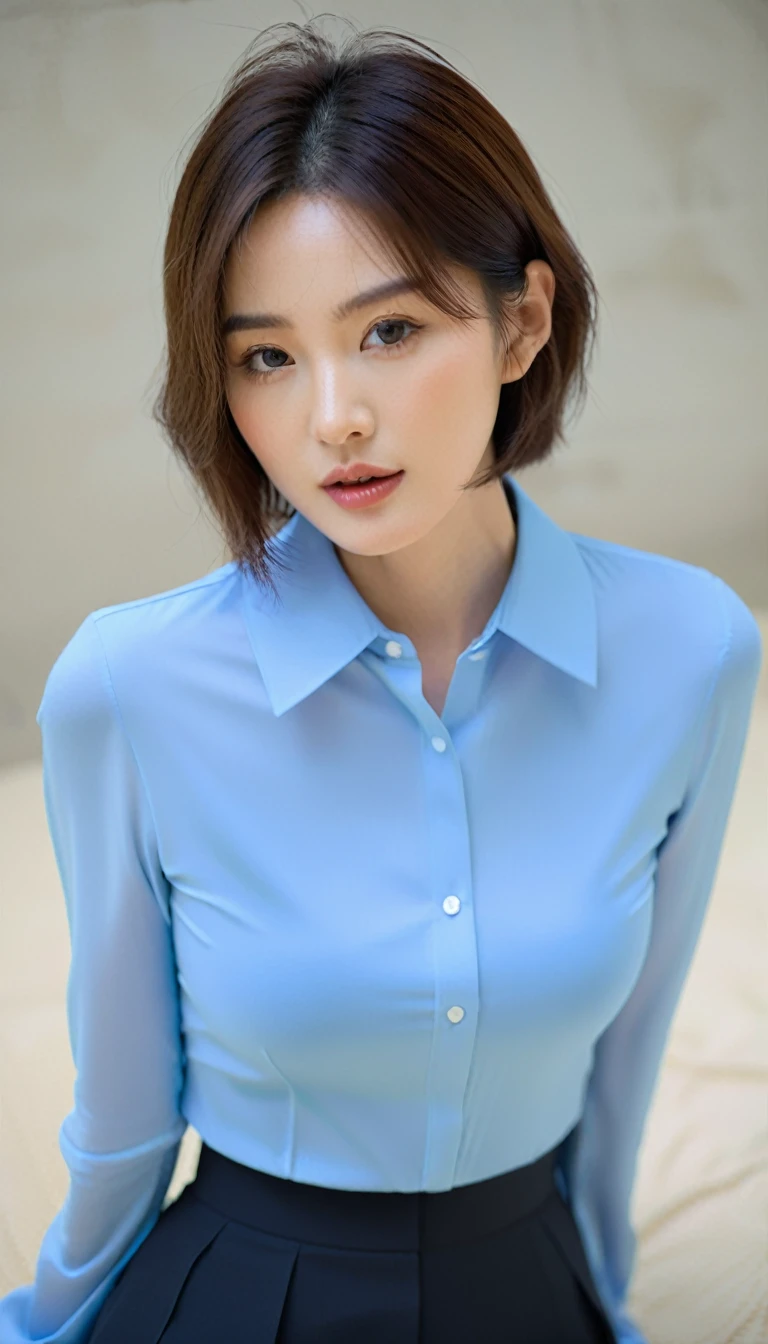 Close-up of beautiful Korean woman, short hair,34 inch chest size, Wearing a thin blue long-sleeved collared shirt, Ultra HD