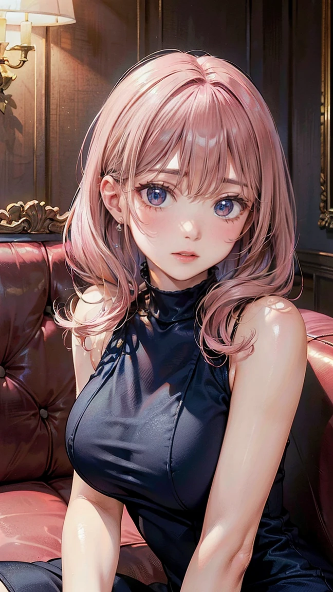 (Masterpiece, BestQuality:1.3), (ultra detailed:1.2), (hyperrealistic:1.3), (RAW photo:1.2), High detail RAW color photo, professional photograph, (Photorealistic:1.4), (realistic:1.4), (Pink Hair:1.5), professional lighting, perfect anatomy, (Big Breasts:1.2), (blush, detailed face), (A happy smile:1.7), sexly, erotic sexly, Random sexy gravure poses, (A beautiful woman wearing a navy blue bodycon dress、A classy smile in a hotel lobby、Gold earrings、Seated pose on sofa。:1.3)