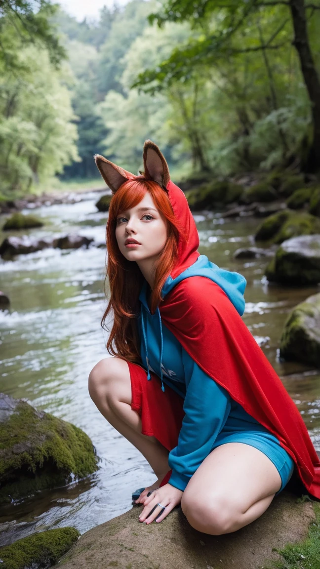 8k, best quality, (photorealistic:1.4), raw photo, 1girl, red hair, animal ears, blue hooded cape, ears sticking out, pose: sitting on a rock in a forest river, yellow eyes, -