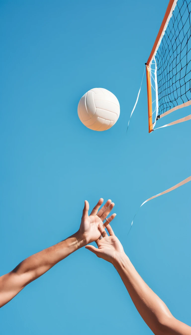 Volleyball in the air,net,Both hands,Blue Background,Minimalist style