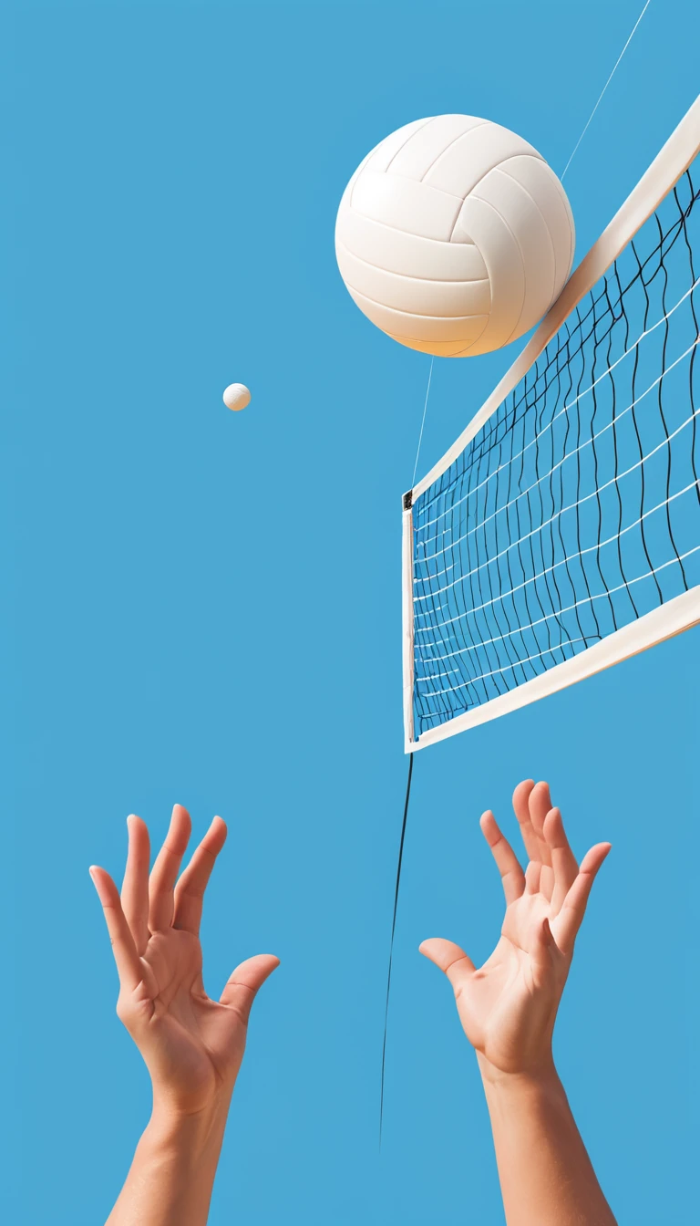Volleyball in the air,net,Both hands,Blue Background,Minimalist style
