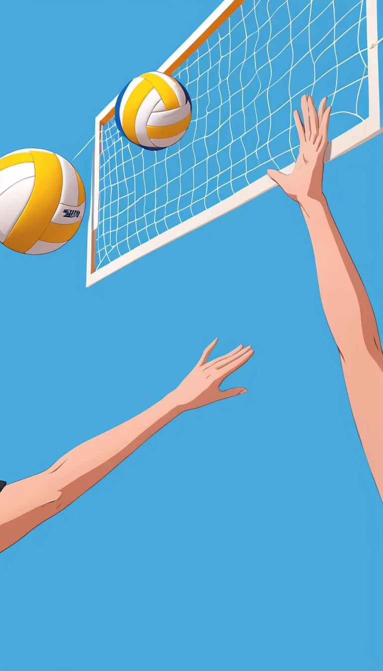 Volleyball in the air，net，Both hands，Blue Background，Minimalist style