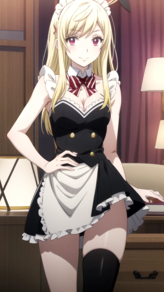 , (forehead), (sexy girl with sexy appearance and sexy pose dressed as a maid), (White background) yamada_yellow, 1chica , by rubio, alone, wide, hair ornament, , smile, bow, red eyes my dress darling anime, beautiful seductress anime