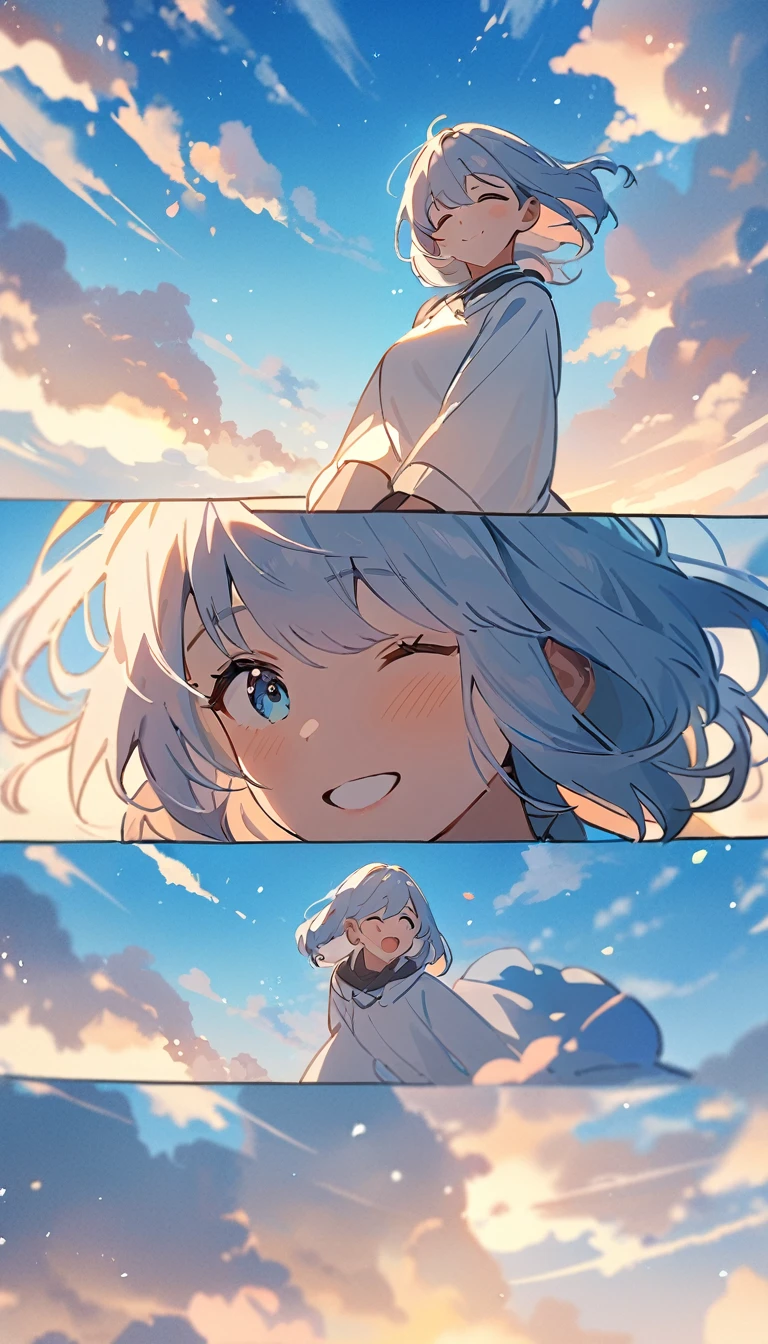 masterpiece, Highest quality, Movie stills, 1 Girl, Cloud Girl,Two Girls, Two good friends , Floating in the sky, close, bright, Happy, Warm and soft lighting, blue sky, (spark:0.7)