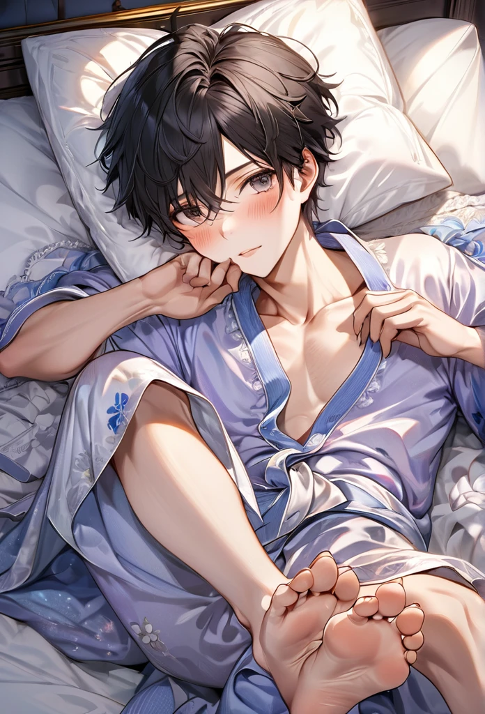 Young and naive man,(Highest quality,Extremely detailed depiction,Incredibly absurd high resolution,Anatomically accurate depiction,Two lovely hands, Five perfect fingers),(Prince in noble nightwear),blush,Lying in bed,I'm suffering from a fever,whole body,background:Bedroom at night,Pink Light,black hair,green eyes