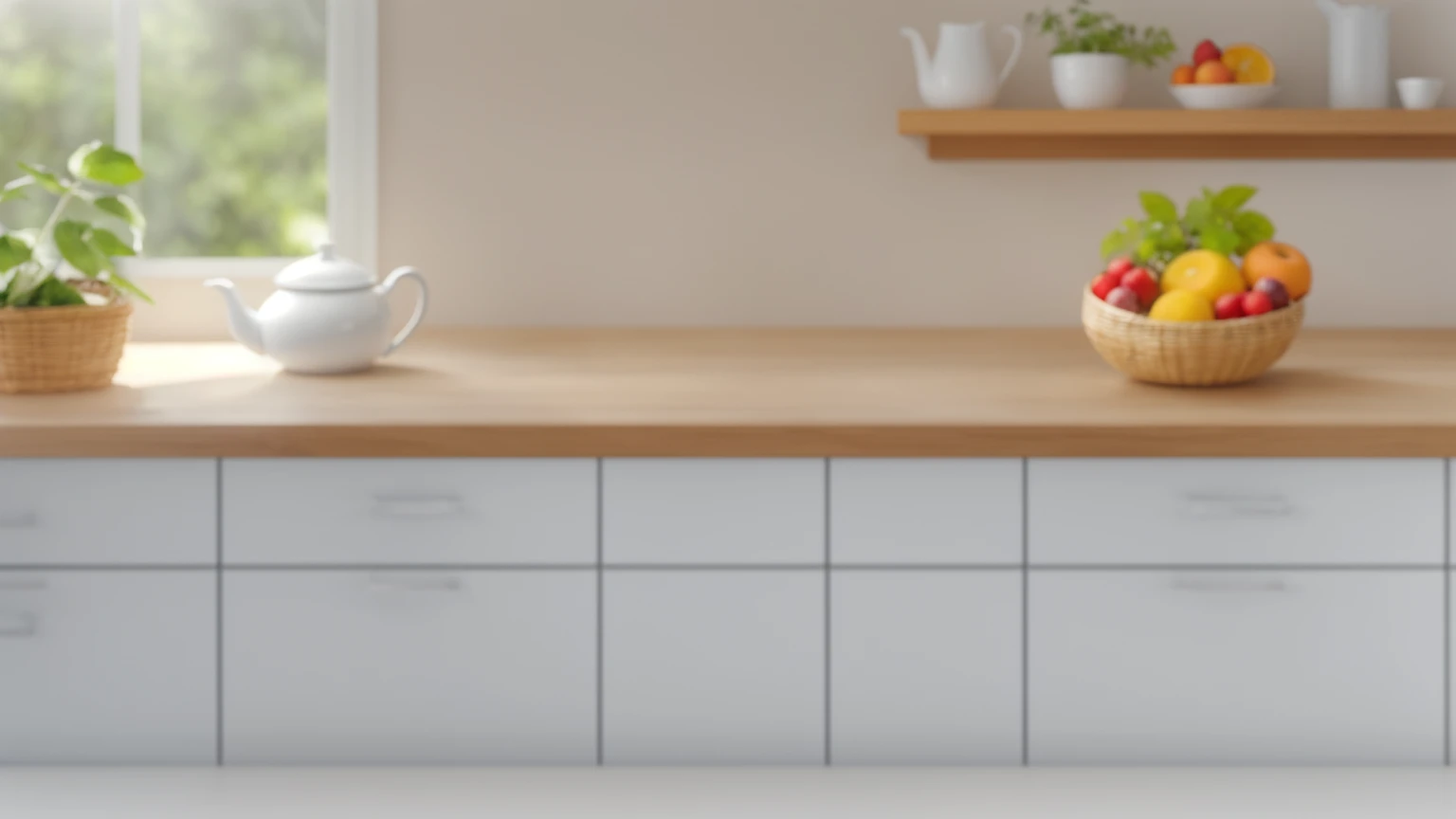 kitchen background, window, kitchen wall shelf, kitchen countertop, kettle, vase with plant, Fruit basket, Beautiful light from the window, Beautiful sunlight, bright lighting. Realistic style, realistic texture, detailed texture, high quality, A high resolution, ultra hd 4k,
