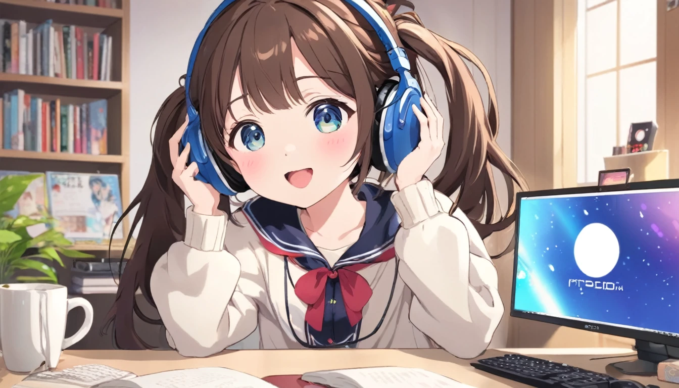 Cute girl wearing headphones、They seem to be having fun.、There is a computer and a mug on the desk、Idol、Japanese anime style