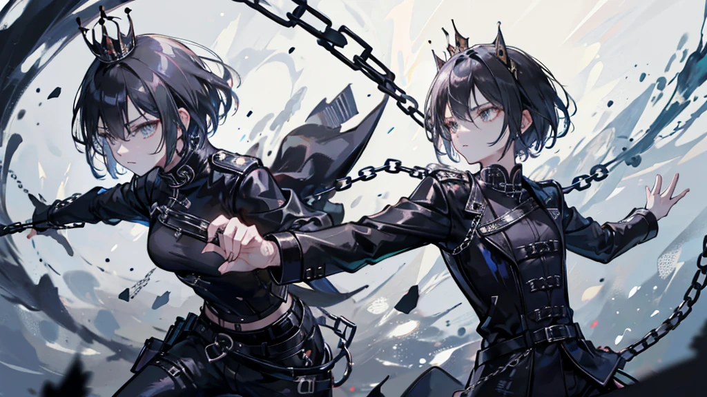 1 person, teacher, Wearing a black leather jacket with a chain, Black long pants, Black Hair, short hair, Look at the details, Fine grain, Iris, Black crown floating overhead, In fighting stance, The background is Chinese aliens