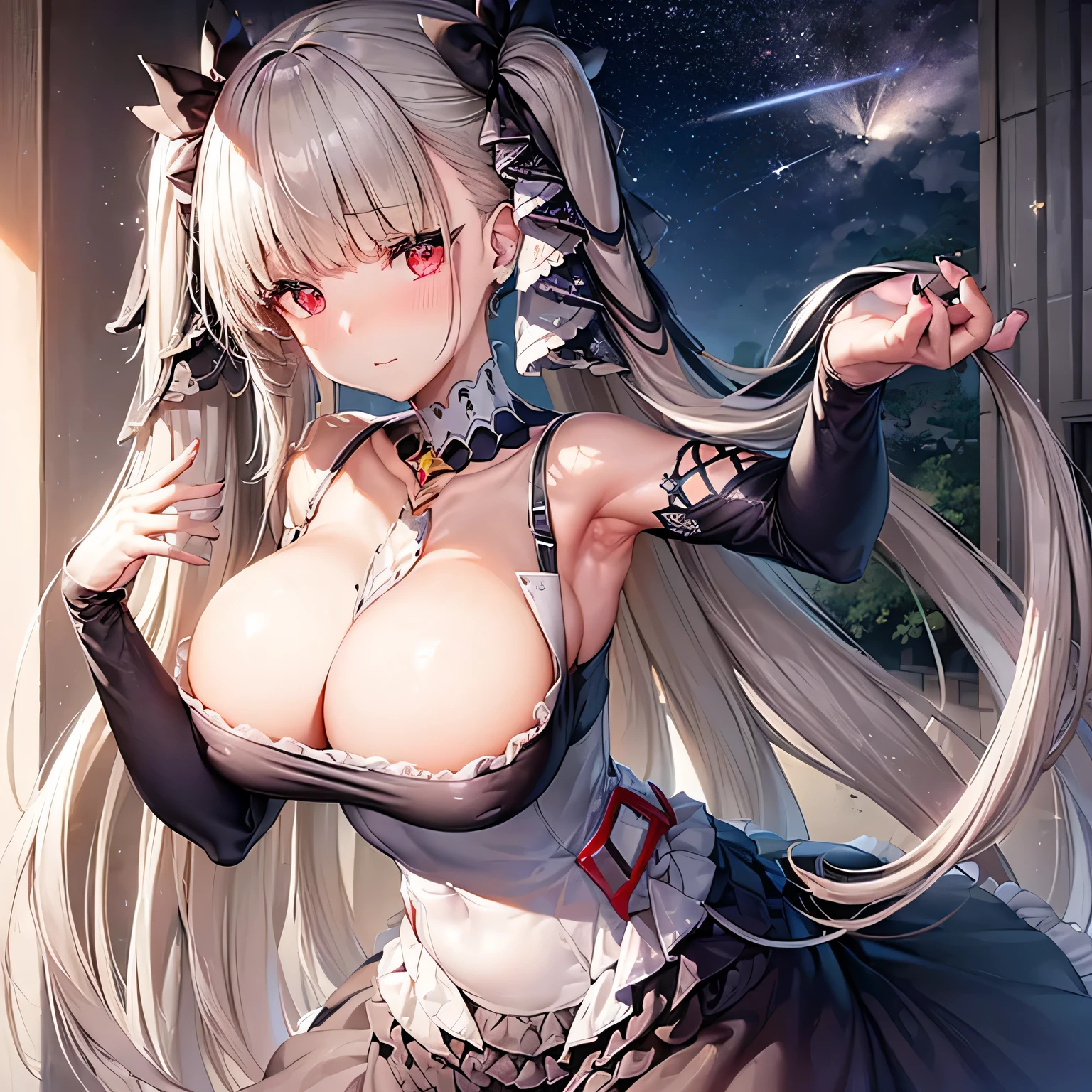 nsfw((dress_default, terrific_default)):1.5,((solo, 1girl)) ((masterpiece,Highest quality,Highly detailed images,Beautiful images、Realistic、Dutch Angle)), (Bright lighting overall、Backlight、A fantastic atmosphere、Thick Fog、Dust flutters),(Dynamic pose、Looking up、Beautiful cleavage、large breasts)1.2, ((Beautiful starry sky:1.5、shooting star、Rooftop:1.2))((Showing off armpits、Pink nipples are slightly visible、Shy expression))、Black sleeves
