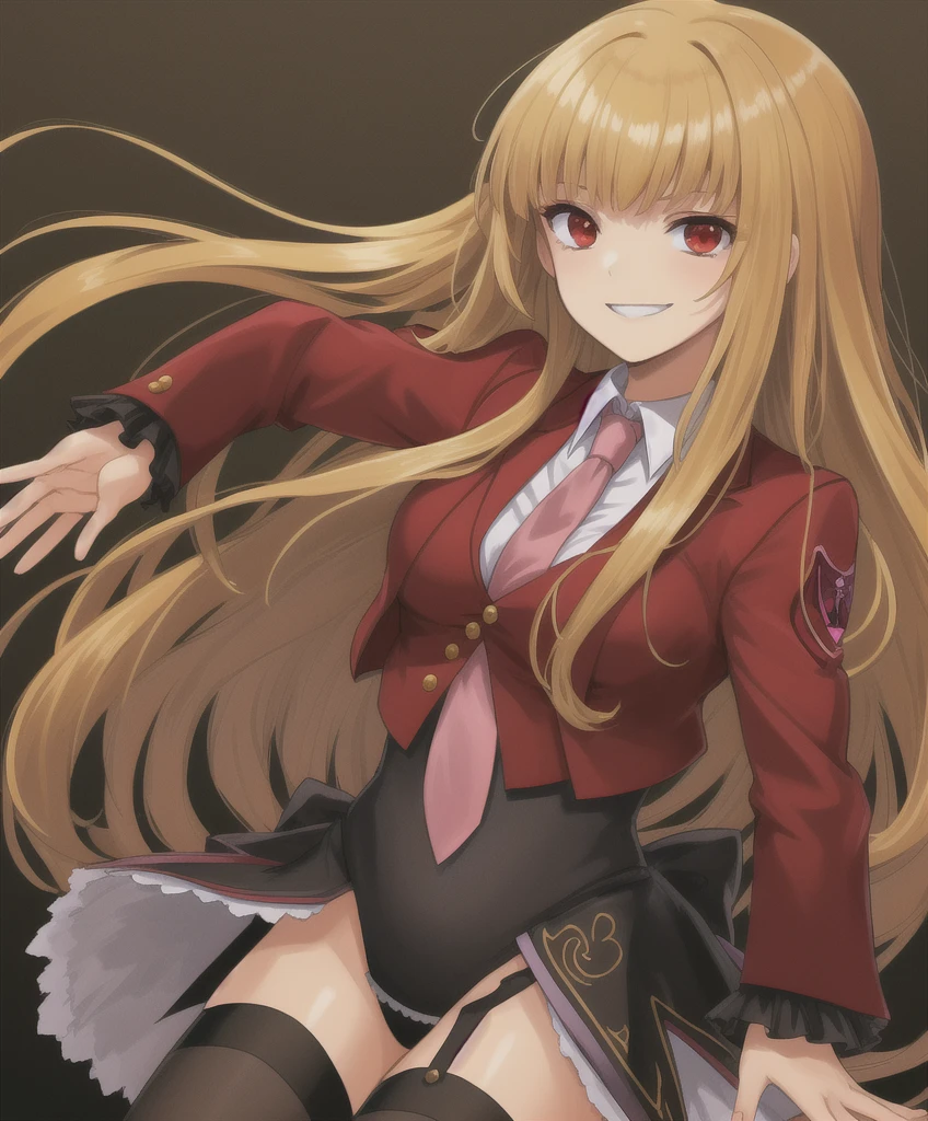 mammon \(umineko\), light brown hair, long hair, straight hair, red eyes, stakes of purgatory, 1girl, solo, red jacket, cropped jacket, white shirt, undershirt, collared shirt, frilled leotard, showgirl skirt, garter straps, black thighhighs, (((umineko no naku koro ni)))   sadistic smile,deep shaded face,,smile worst,worst ridecule,evil moukery,,,two hands,five fingers,black background,A face full of evil,Too evil ridicule,black hair,solo,