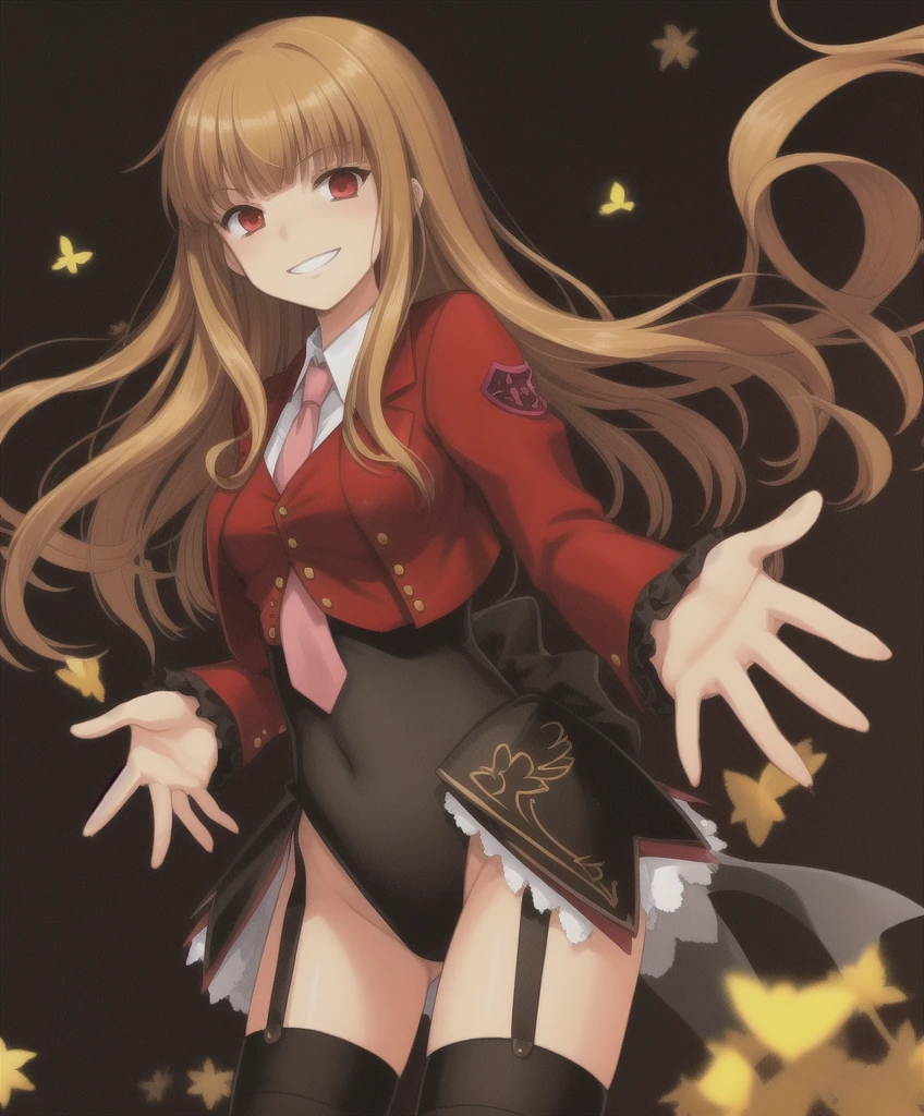 mammon \(umineko\), light brown hair, long hair, straight hair, red eyes, stakes of purgatory, 1girl, solo, red jacket, cropped jacket, white shirt, undershirt, collared shirt, frilled leotard, showgirl skirt, garter straps, black thighhighs, (((umineko no naku koro ni)))   sadistic smile,deep shaded face,,smile worst,worst ridecule,evil moukery,,,two hands,five fingers,black background,A face full of evil,Too evil ridicule,black hair,solo,