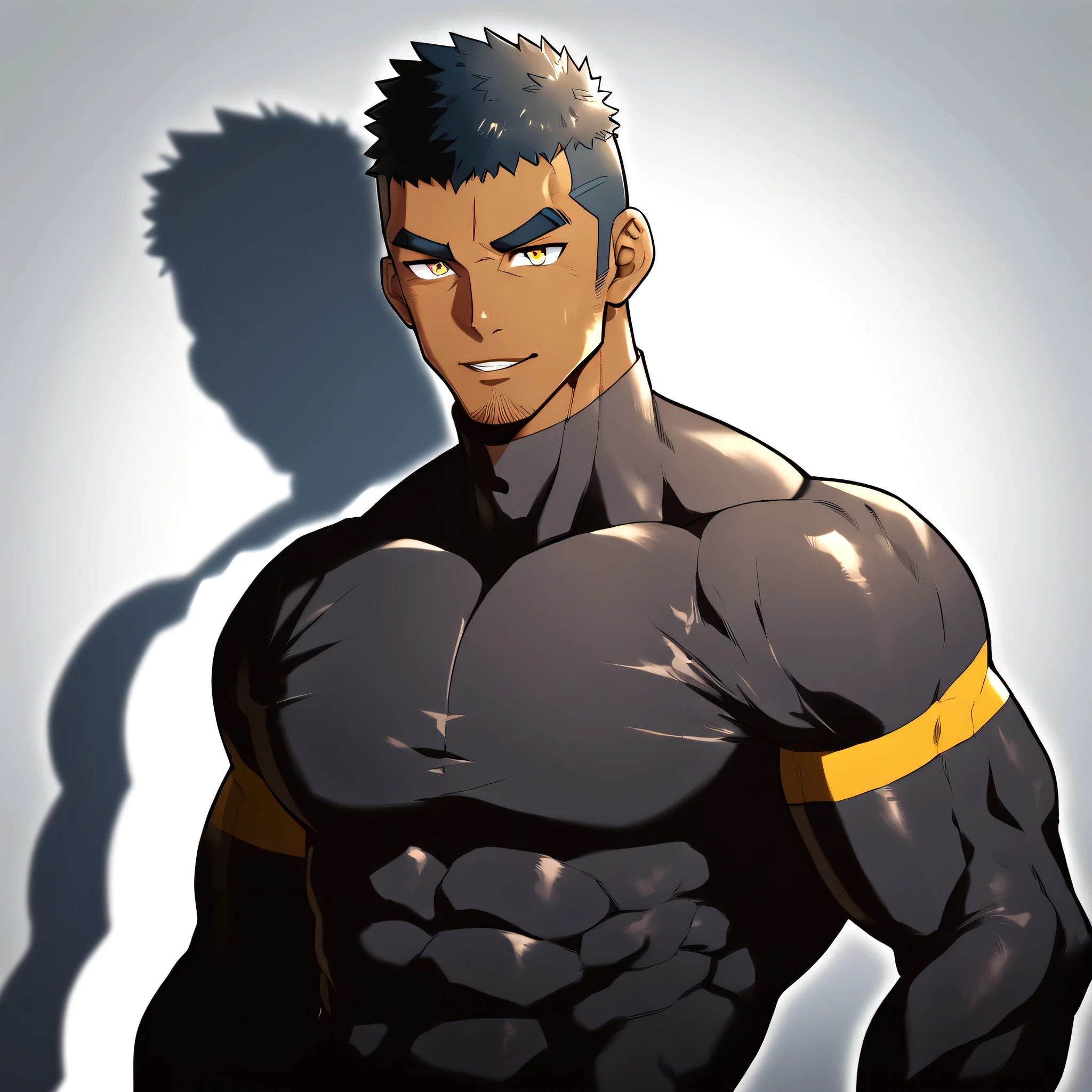 anime characters:Gyee, Muscle Sports Student, negro black skin, 1 dark skin muscular tough guy, Manliness, male focus, Light yellow high collar long sleeve tight T-shirt, Slightly transparent material, Very tight, Round, full and perky chest muscles, Slightly transparent, muscular male, muscular, only, Upper body, alone, Black short hair, Thick eyebrows, stubble, Yellow eyes, Grey background, simple background, amazing quality, best aesthetics, Ridiculous, bright pupils, crew cut, parted lips, seductive smile, torogao, naughty face, drop shadow, best quality