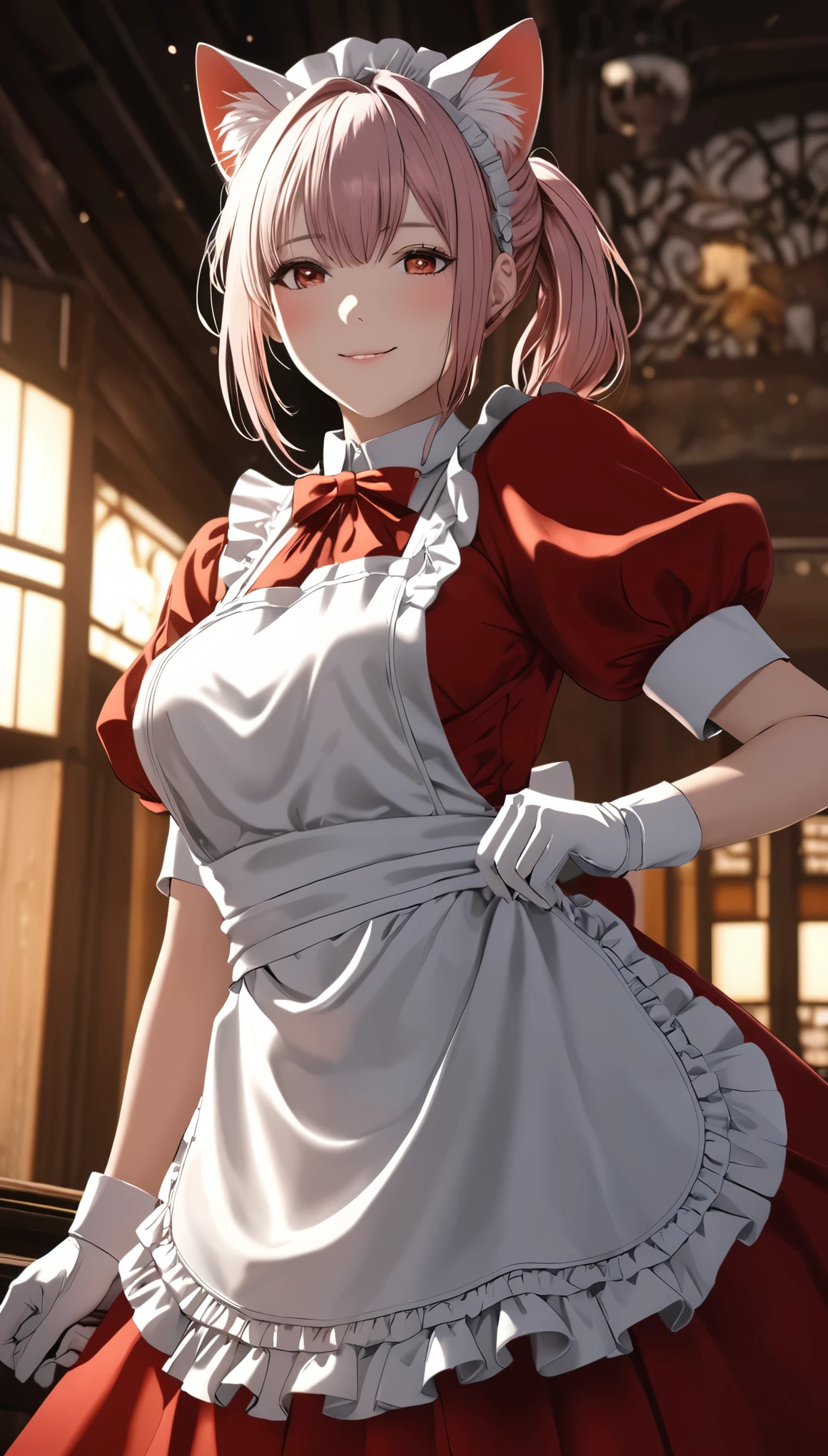 in style of Santiago Caruso,1 Girl, White short hair, Cat ear, Double ponytail, Red head rope, big Breast, Maid Apron, Red Skirt, White lining, White gloves, Red Cape, Surreal style, Overhead lighting, Background blur, Smile, blush, Tilt composition, From below, cowboy shot,animated illustrations, close up panoramic wide angle shot, tilt unbalanced composition, global illumination, ray traced reflections, 4K, best quality, ultra detailed, hyperrealistic, subtle tone, close-up intensity, japanese-inspired