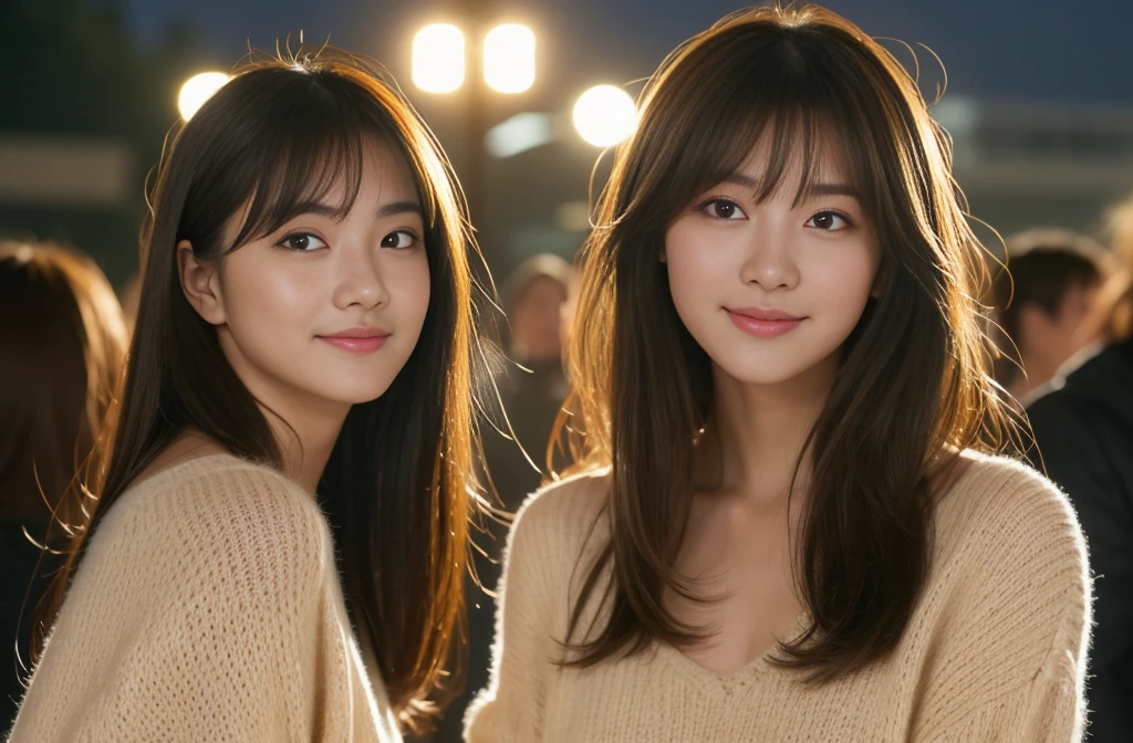 ​masterpiece、1 beautiful girl、A detailed eye、Puffy eyes、top-quality, 超A high resolution, (Realisticity: 1.4), cinematlic lighting、japanes、Asian Beauty、Super beauty、Beautiful skin、A slender、The body  facing forward、(A hyper-realistic)、(hight resolution)、(8K)、(ighly detailed)、(beautifully detailed eyes)、(Ultra-detail)、 (wall-)、A detailed face、Bright lighting、profetional lighting、looking at viewert、Facing straight ahead、(The costume  a knitted dress)、Long hair, hair messy, asymmetrical bangs, 、nighttime scene、Brown hair、Japan idle、Korean Idol、hposing Gravure Idol、、age21、tall, smile, Park scene、