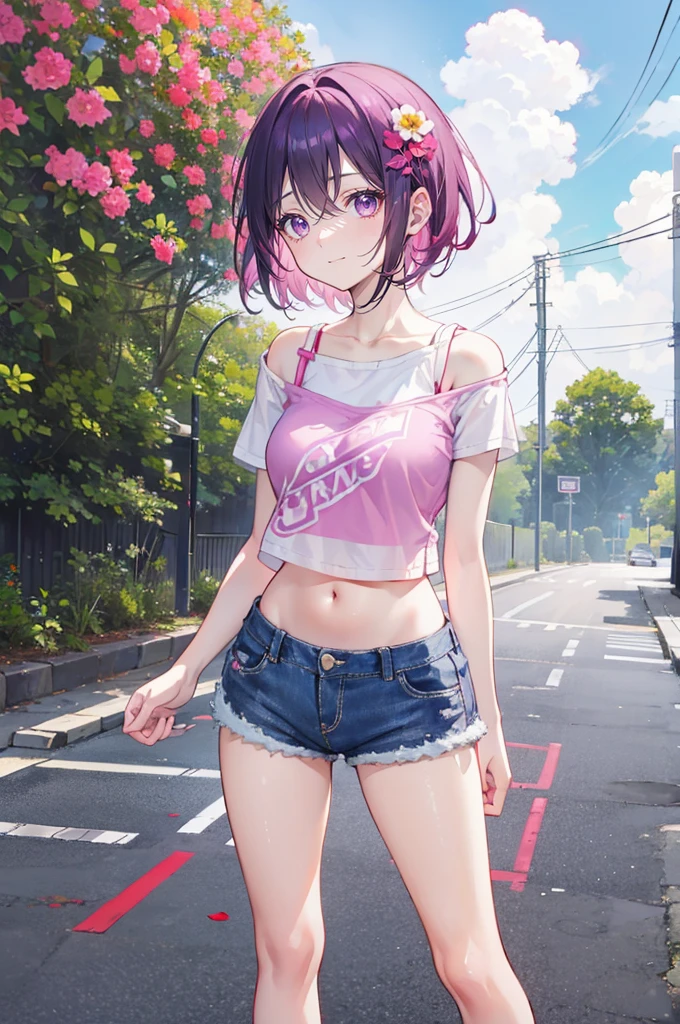 Pink hair,Purple Eyes,short hair,sister head,Two black hairpins,Girl,cute,laughing expression,Short sleeves with exposed shoulders,Denim shorts,Navel,Wearing sneakers,Standing on the ground,whole body,Don't show your arms,The background is the other side of the flower,A lot of red spider lilieany clouds