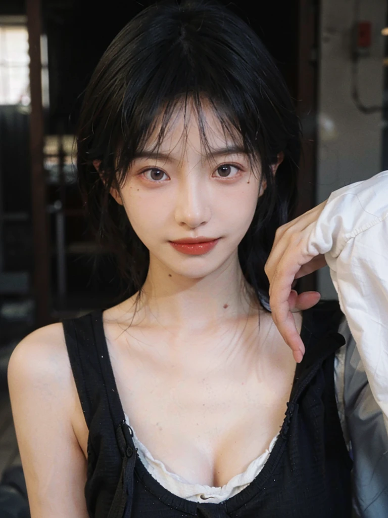 (Skin details:1.4), (smooth skin textures:1.3), （Upper body：1.4），（Upper Body：1.3）Lipstick, background, earrings, serene, calm, Suspenders，(Realistic and detailed eyes：1.2）, Natural skin texture, Realistic facial details, Soft dramatic lighting, Vivid details, 35 mm film, outdoor, (Photo Practical:1.4), (hyper Practical:1.4), (Practical:1.3), (Smoother lighting:1.05), (Improve lighting quality:0.9), (Highest quality real skin textures:1.4), Exquisite eyes, Delicate face, Close-up of face, (Enhance the beauty of skin texture:1.1), Hair details,（Large Breasts：1.3）normal body ratio, short hair, Moles under the eyes, A faint smile,Portrait Photography, Depth of Field, Bokeh, Surrealism, Ray Tracing, (Portrait Photography:1.1), Surrealism, High Detail, Chiaroscuro, Ray Tracing, reflected light, Ultra HD, Ultra HD, masterpiece, Textured Skin, Super Detail, High Detail, high quality, best quality