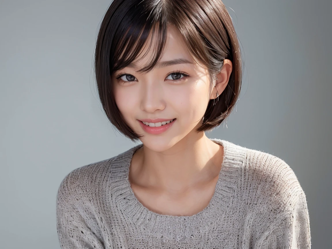 (masterpiece, Highest quality, Highest quality, High resolution, Realistic:1.2), Gray blank background, (Bright lighting, Professional Lighting), One Woman, Realistic Skin, Fine skin, Beautiful Skin, expensive, (Black Hair, Short Bob Cut, middle part), (Eyelash extensions, fine grain, iris, Carefully drawn eyes, View your audience, cute, Grin:1.2), (Lean upper body, Muscular body:1.2), (Summer Sweater:1.3), A kind smile, Small teeth visible, Upper Body Shot、Real、