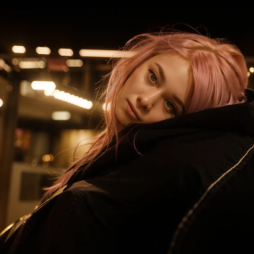 25-year-old Caucasian French girl with shoulder-length messy pink hair, adorned with , hair l . Captured in the best quality, this illustration serves as a 4K wallpaper,