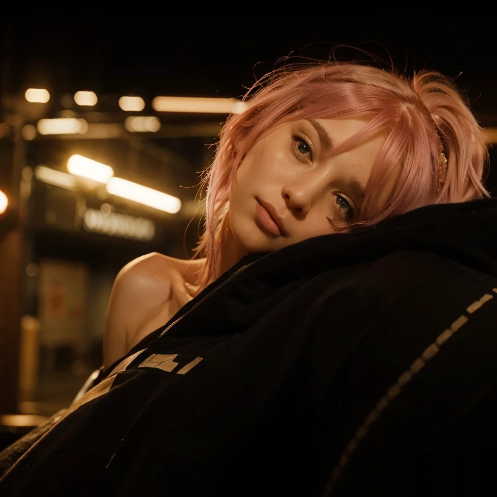 25-year-old Caucasian French girl with shoulder-length messy pink hair, adorned with , hair l . Captured in the best quality, this illustration serves as a 4K wallpaper,