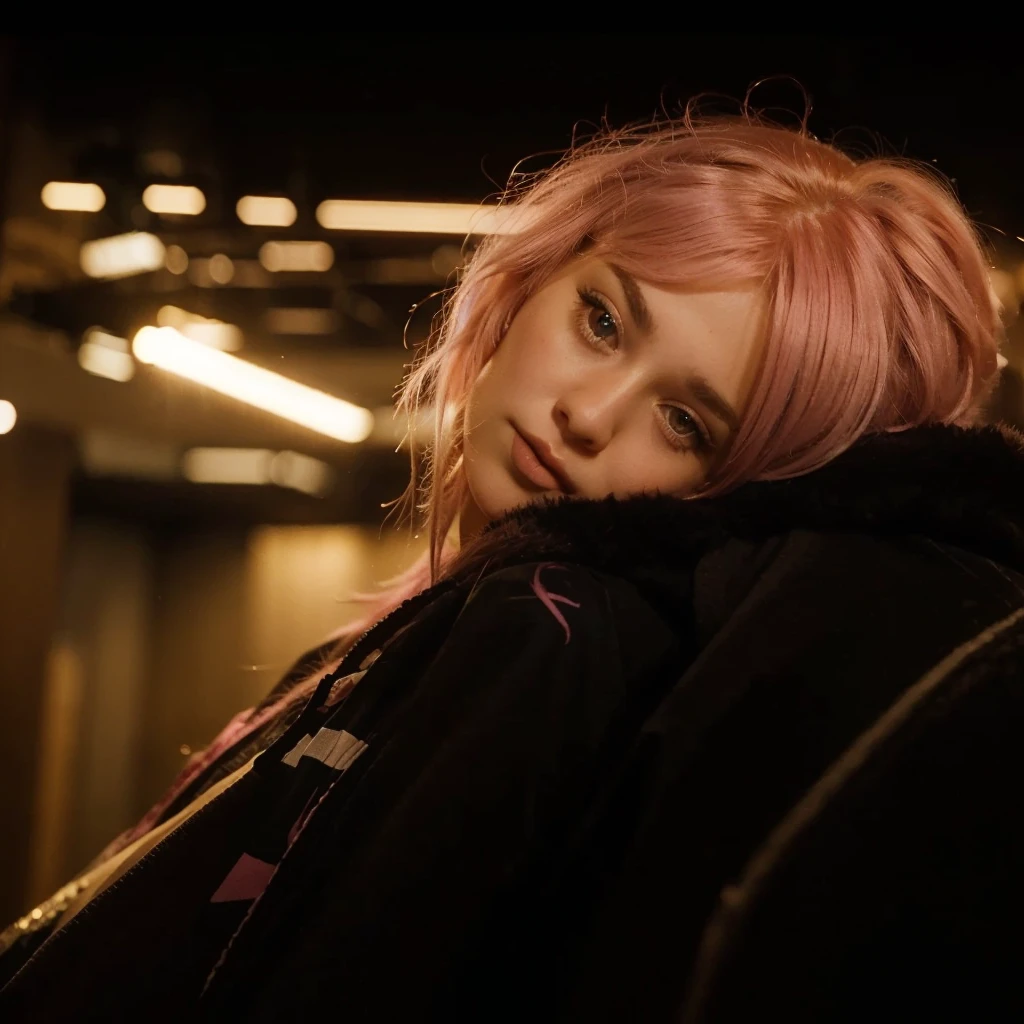 25-year-old Caucasian French girl with shoulder-length messy pink hair, adorned with ,  hair l . Captured in the best quality, this illustration serves as a 4K wallpaper,