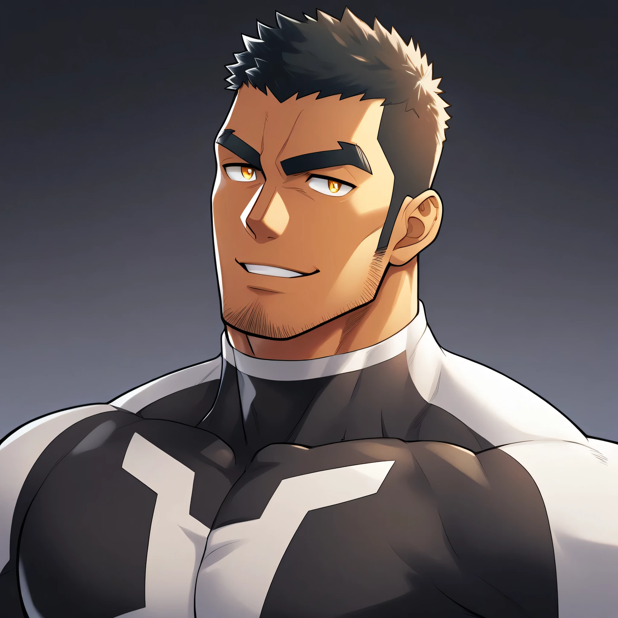 anime characters:Gyee, Muscle Sports Student, negro black skin, 1 dark skin muscular tough guy, Manliness, male focus, Dark grey high collar long sleeve wetsuit, Matte texture, Very tight, Round, full and perky chest muscles, Slightly transparent, muscular male, muscular, only, Upper body, alone, Black short hair, Thick eyebrows, stubble, Yellow eyes, Grey background, simple background, amazing quality, best aesthetics, Ridiculous, bright pupils, crew cut, parted lips, seductive smile, torogao, naughty face, best quality