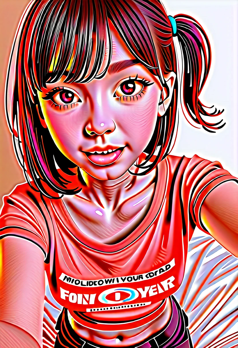 ollarbone,pastel colors t-shirt,off-shoulder look,bare shoulder,midriff peek,micro shorts,open mouth,tongue out,cum on tongue,lying,Selfie,looking ahead,from above,front view,upper body,(1girl,Beautiful 14 year old girl),((Slender,Small breasts,Small face,)),looking at viewer,Black Hair,bangs,one side up,Beautiful and detailed,Mischievous smile,Dimly lit room,Simple Background,bed,pillow,best quality