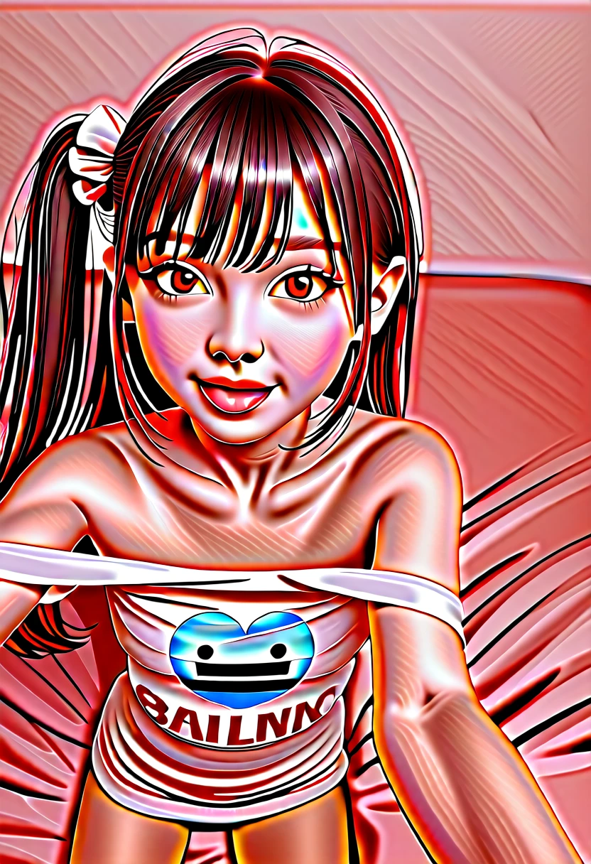 ollarbone,pastel colors t-shirt,off-shoulder look,bare shoulder,midriff peek,micro shorts,open mouth,tongue out,cum on tongue,lying,Selfie,looking ahead,from above,front view,upper body,(1girl,Beautiful  girl),((Slender,Small breasts,Small face,)),looking at viewer,Black Hair,bangs,one side up,Beautiful and detailed,Mischievous smile,Dimly lit room,Simple Background,bed,pillow,best quality