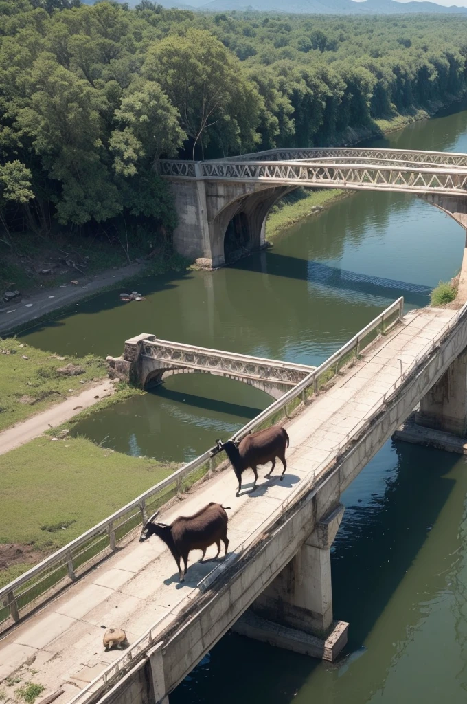 A goat on top of a bridge, in a completely devastated place. And a river completely polluted with abandoned vehicles