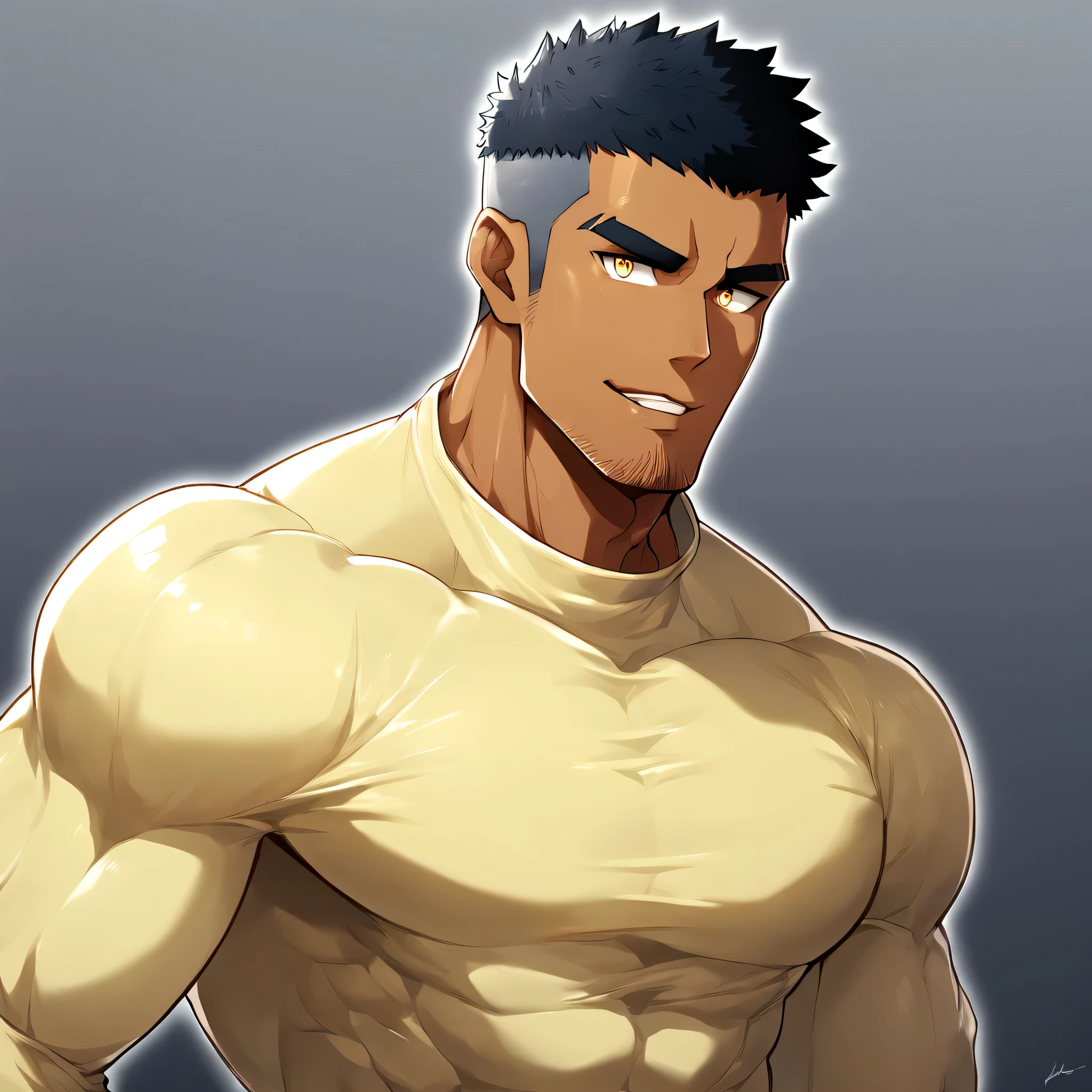 anime characters:Gyee, Muscle Sports Student, negro black skin, 1 dark skin muscular tough guy, Manliness, male focus, Light yellow high collar long sleeve tight T-shirt, Slightly transparent material, Very tight, Round, full and perky chest muscles, Slightly transparent, muscular male, muscular, only, Upper body, alone, Black short hair, Thick eyebrows, stubble, Yellow eyes, Grey background, simple background, amazing quality, best aesthetics, Ridiculous, bright pupils, crew cut, parted lips, seductive smile, torogao, naughty face, drop shadow, best quality