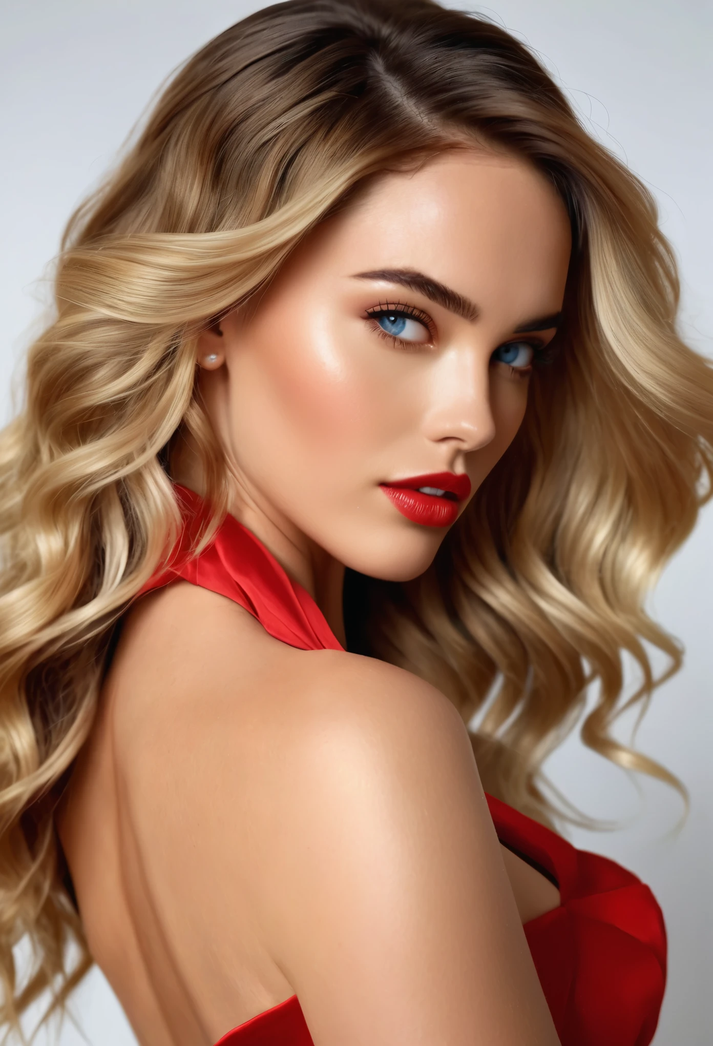 (lifelike, high quality: 1.3) , blond woman, ((gorgeous model with extra long wavy and voluminous bright ash blonde hair)), by Seb McKinnon, reddit, blonde goddess, beautiful blonde girl, gorgeous woman, dasha taran, beautiful blonde woman, sexy girl, anna nikonova aka newmilky, instagram model, a gorgeous blonde, stunning woman, irina nordsol kuzmina, gorgeous female, best quality masterpiece, photorealistic, hyperrealistic, detailed, 8k, HDR, (Soft color: 1.2), shallow depth of field, broad light, high contrast, backlighting, bloom, light sparkles, chromatic aberration, sharp focus, RAW color photo, (full sensual lips, long curly lashes, perfect slim body, pretty piercing blue eyes), detailed alluring eyes, very long sexy legs, ((detailed facial features)), (finely detailed skin), pale skin, realistic skin texture, extreme skin details, (pores:0.1), eyes like Megan Fox, small lips like Emma Watson, nose like scarlett johannsson, cheeks like blair lively, ((wearing a red shoulder-off long evening gown with red high heels)), (((full body shot in front of a plain white wall))), skinny