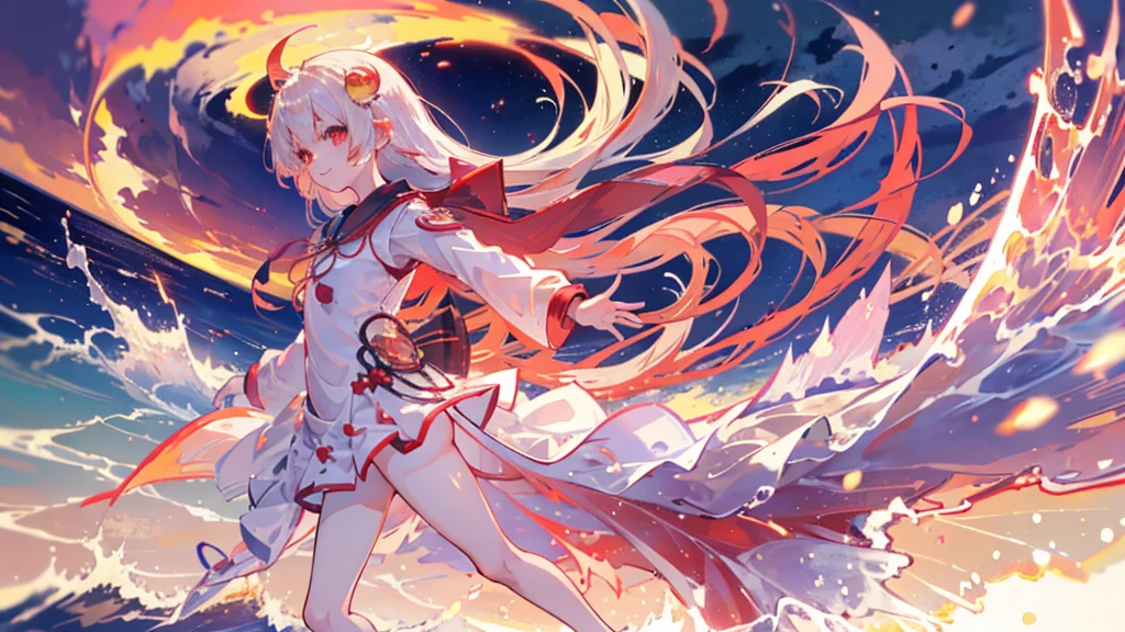 One girl, alone,smile, Beach,(sunset:1.1), Akagi_Also(denchi project), alone, Star hair ornament, Twin Blade,Shine, From behind, Recall, huge sunset,Red float, uniform, night, wave hands, Ocean