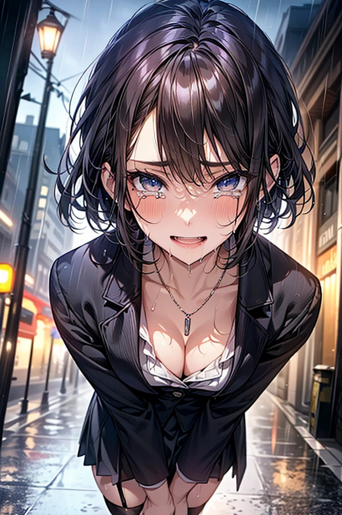 ((Biologically correct limb count))、(( Full-body photo including face))、4K、((Standing position))、masterpiece、((Focus on the face))、((Symmetrical facial features))、Eye for detailed depiction、Beautiful blue-haired woman、Excellent style、Beautiful clavicle、Beautiful feet、Beautiful Hands、Slender body、(blazer、skirt、Black Stockings、garter belt、High heels)、Facial detailing、Small earrings、necklace、tie、((Wet in the city with heavy rain))、Looking at the night view、(Low - Angle、下からskirtの中を撮影するカメラアングル)、(((Black Hair、Silver Hair)))、(((Tears and laughter)))、((Face forward and stick your chin out))、Close-up photo of the upper body、