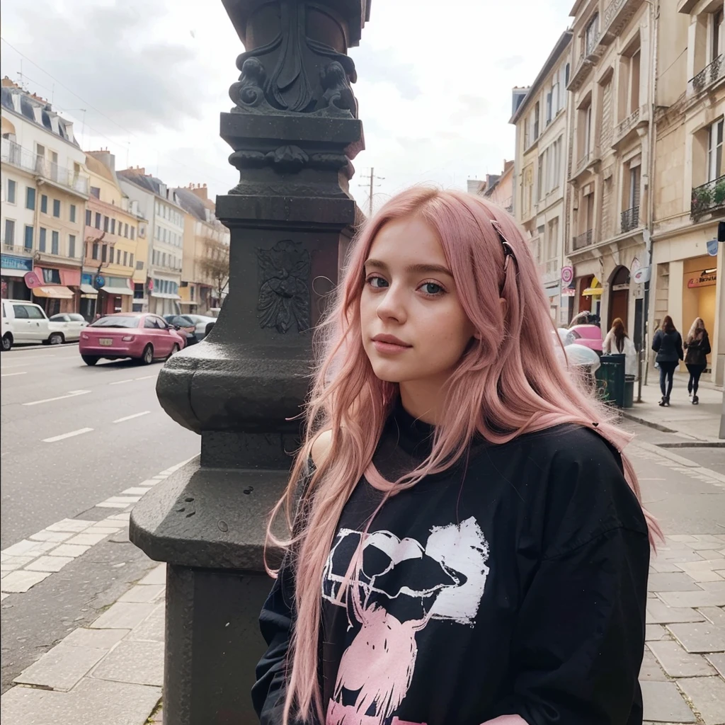 25-year-old Caucasian French girl with shoulder-length messy pink hair, adorned with , hair l . Captured in the best quality, this illustration serves as a 4K wallpaper,