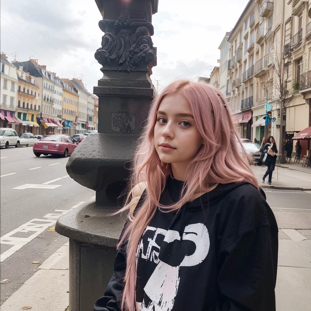 25-year-old Caucasian French girl with shoulder-length messy pink hair, adorned with ,  hair l . Captured in the best quality, this illustration serves as a 4K wallpaper,