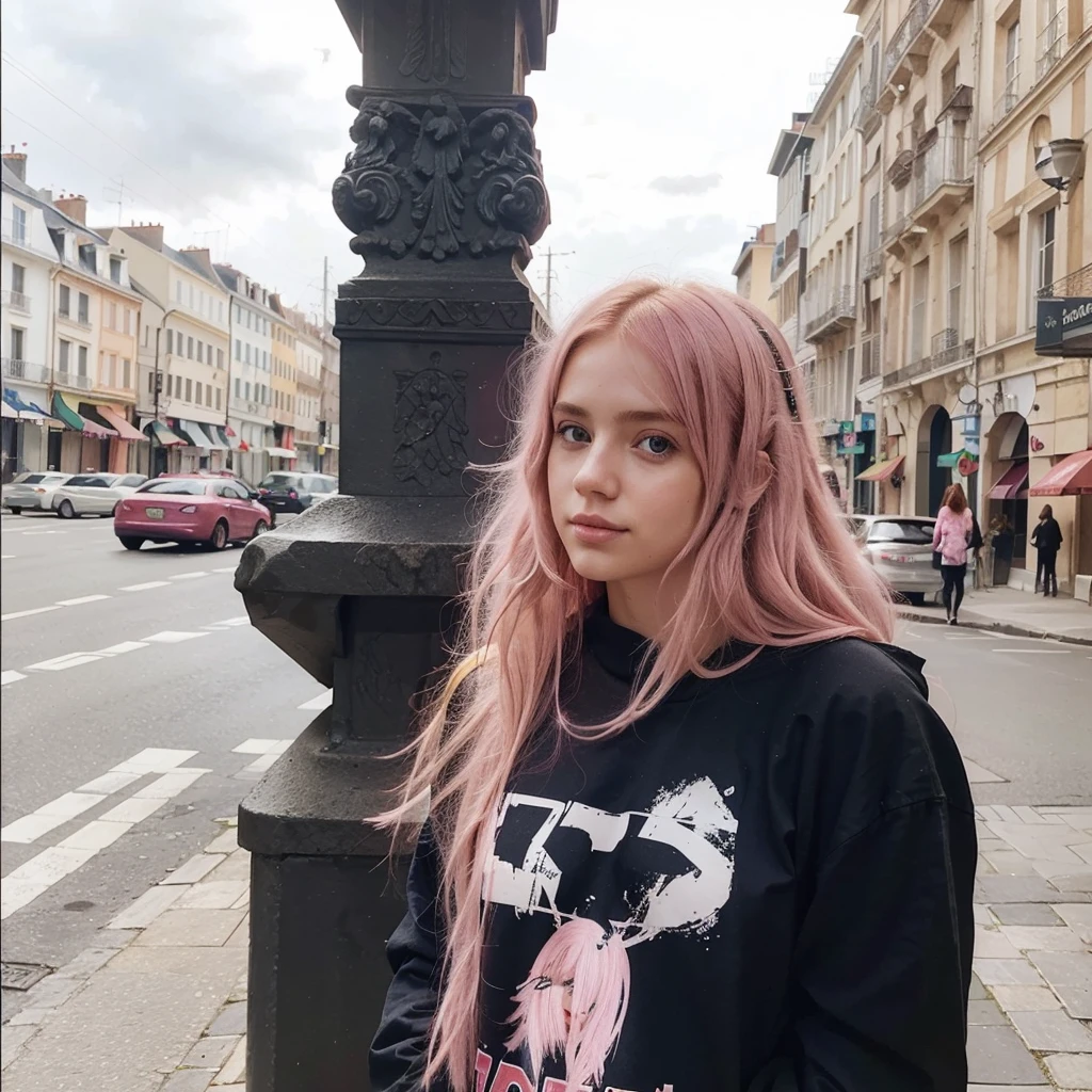 25-year-old Caucasian French girl with shoulder-length messy pink hair, adorned with ,  hair l . Captured in the best quality, this illustration serves as a 4K wallpaper,