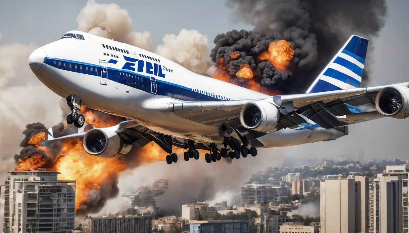(best quality,4k,8k,highres,masterpiece:1.2),ultra-detailed,(realistic,photorealistic,photo-realistic:1.37),commercial airliner,Boeing 747,El Al livery,heading towards apartment building,one engine on fire,dramatic lighting,cinematic angle,realistic smoke plumes,dramatic tension,dynamic composition