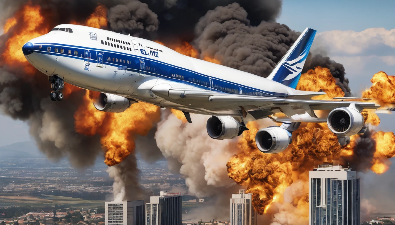 (best quality,4k,8k,highres,masterpiece:1.2),ultra-detailed,(realistic,photorealistic,photo-realistic:1.37),commercial airliner,Boeing 747,El Al livery,heading towards apartment building,one engine on fire,dramatic lighting,cinematic angle,realistic smoke plumes,dramatic tension,dynamic composition