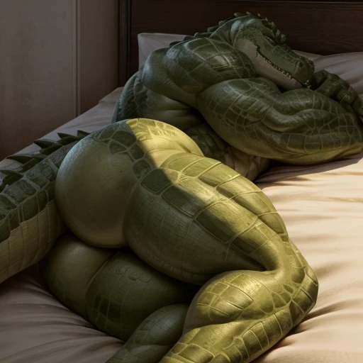 A muscle green male alligator, a muscle green male lizardmen , sleeping showing his butt,  detailed hands, beauty face