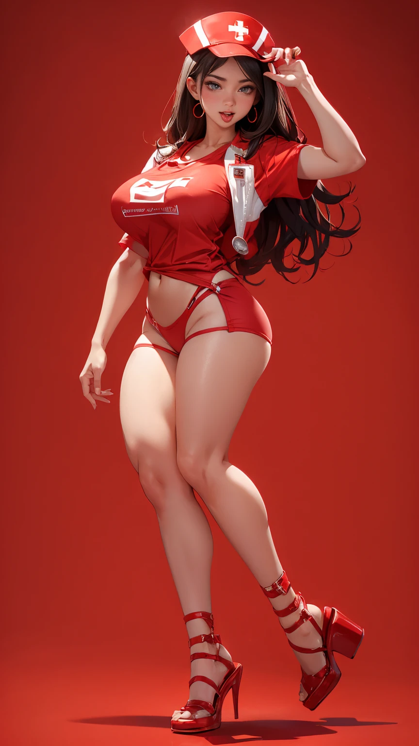 ((full_body))、Woman、red_background、big_breasts、Detailed、(nurse_custom)、POP、vivid、sexy_pose、out_tongue、underboob