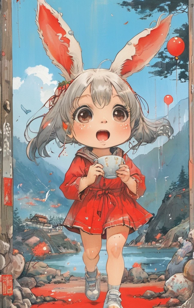 On a bright red campus"YES"Character、beautiful illustration, best quality, cute girl, bedroom, pastel color, fluffy bunny ears, , silver long hair, alert! Dive into the messy and joyful theme of "Playing in Mud" (Playing in the mud). Capture the pure delight and uninhibited fun of people or animals splashing, building, and getting covered in mud.