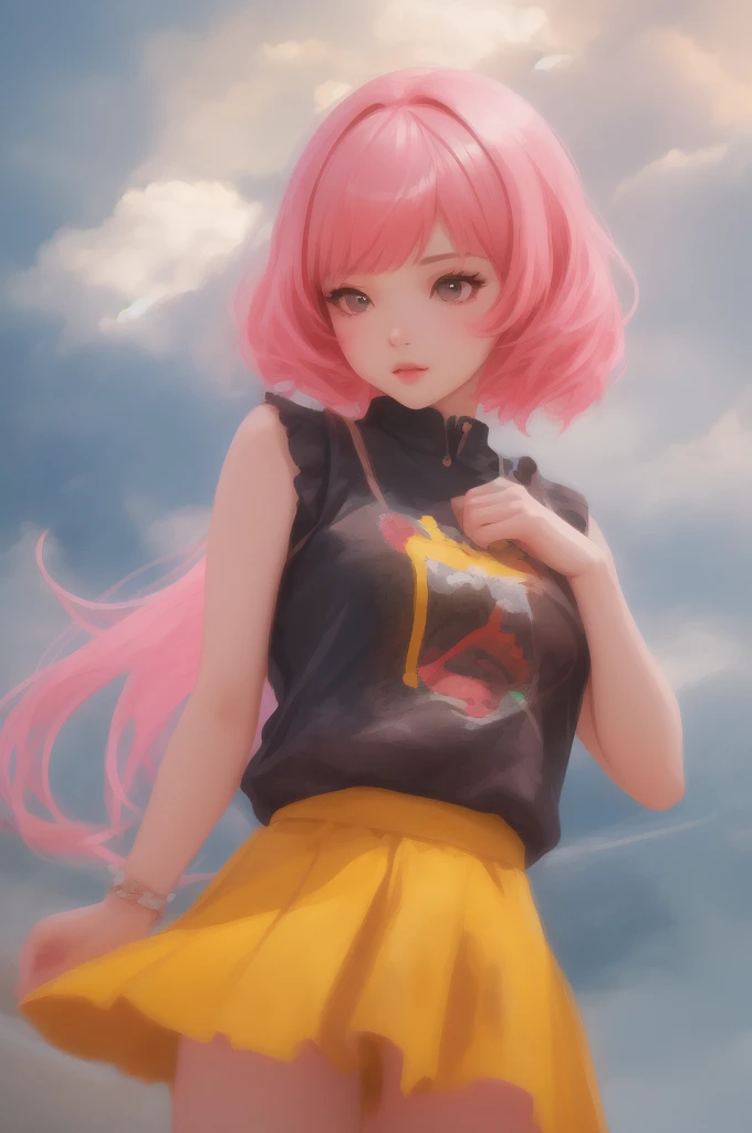 1girl, close-up, ilya kuvshinov illustration of a cute young girl with pink hair and bangs in her hair wearing a yellow low cut blouse and blue short shorts, by makoto shinkai, ilya kuvshinov, james gilleard, atey ghailan, lois van baarle, rossdraws, basquiat, sam yang. trending on artstation, pixiv, digital art, anime masterpiece, dynamic lighting, beautiful aesthetic, 4k, award winning, hd, (masterpiece, best quality, absurdres, detailed, ultra-detailed:1.3), 