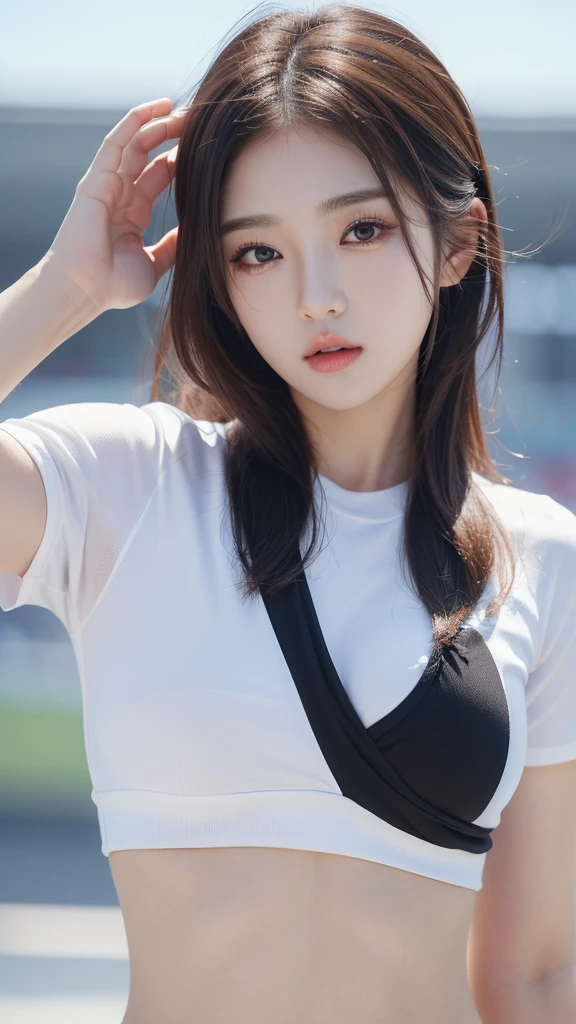 (((masterpiece))), (((high resolution)))、(((8K quality)))、(((perfect face)))、(((K-pop idol)))、25 years old、(sportswear), look at the camera, (Eyes of the highest quality), (detailed face), (detailed texture), (big bust), (chubby)