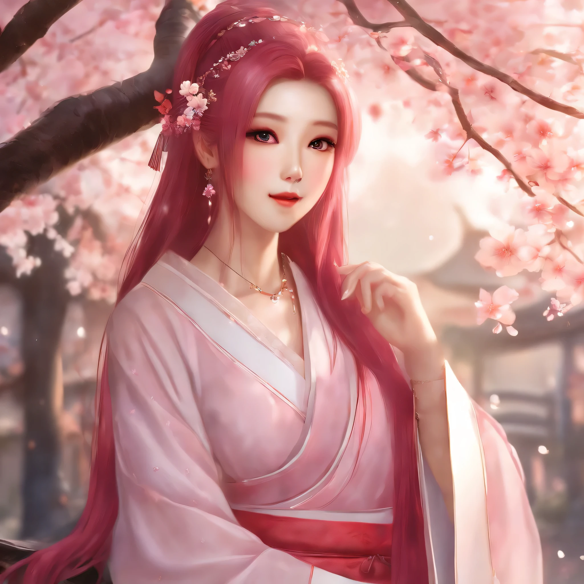 1 girl, (ulzzang-6500:0.7), kpop idol, sim miko, detached sleeves, bared shoulders, pink hair, long hair, Japanese clothing, best qualityer, (painting-like:1.5), (hair ornament:1.35), jewerly, purples eyes, aretes, breastsout, torii, Cherry blossoms, lantern light, Depth of field, face detailed, Facial Focus, cinta_trim, (gazing at viewer:1.25), non-traditional miko, shining skin, long sleeves, ssmile, thick lips, CG game, hands on lips, East Asian architecture, (nblurry background:1.2), sitting down, trunk,