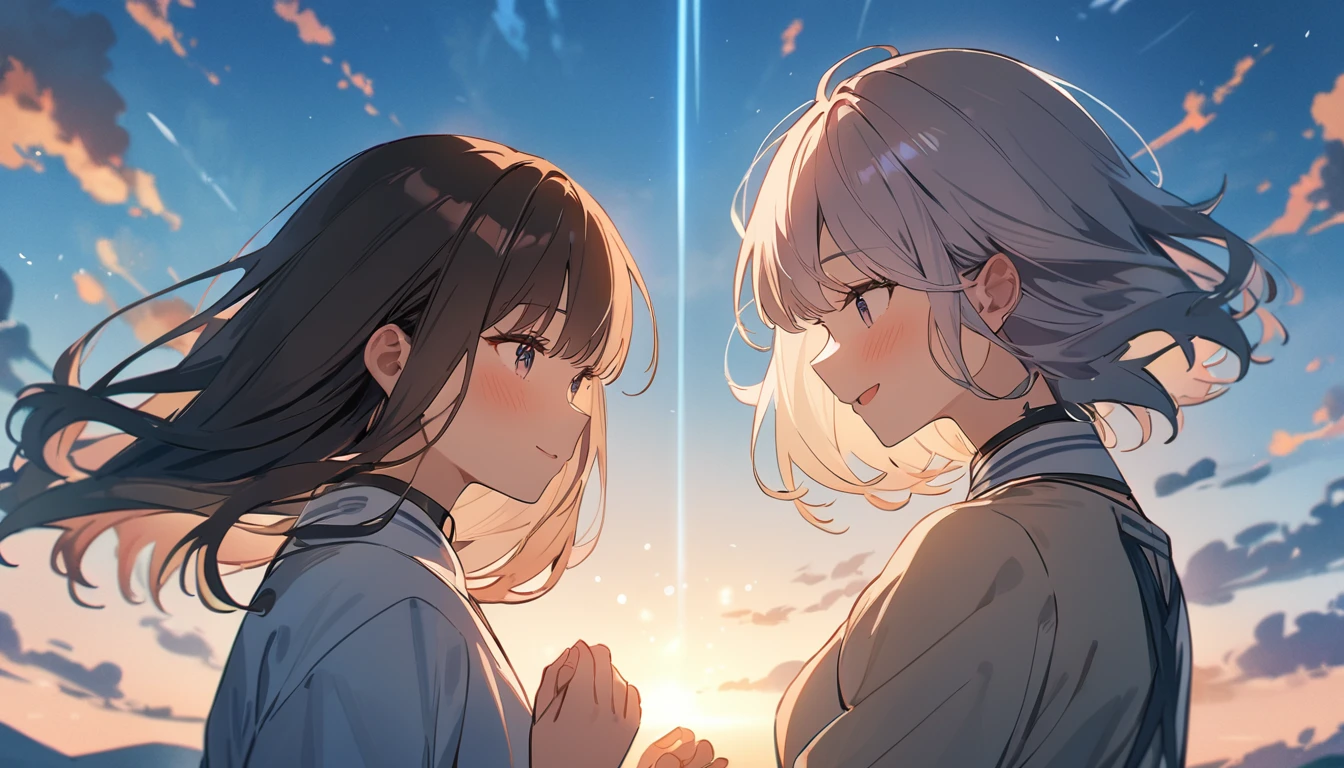 masterpiece, Highest quality, Movie stills, 1 Girl, Cloud Girl,Two Girls, Two good friends , Floating in the sky, close, bright, Happy, Warm and soft lighting, blue sky, (spark:0.7)