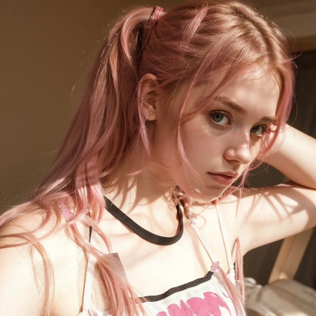 25-year-old Caucasian French girl with shoulder-length messy pink hair, adorned with ,  hair l . Captured in the best quality, this illustration serves as a 4K wallpaper,