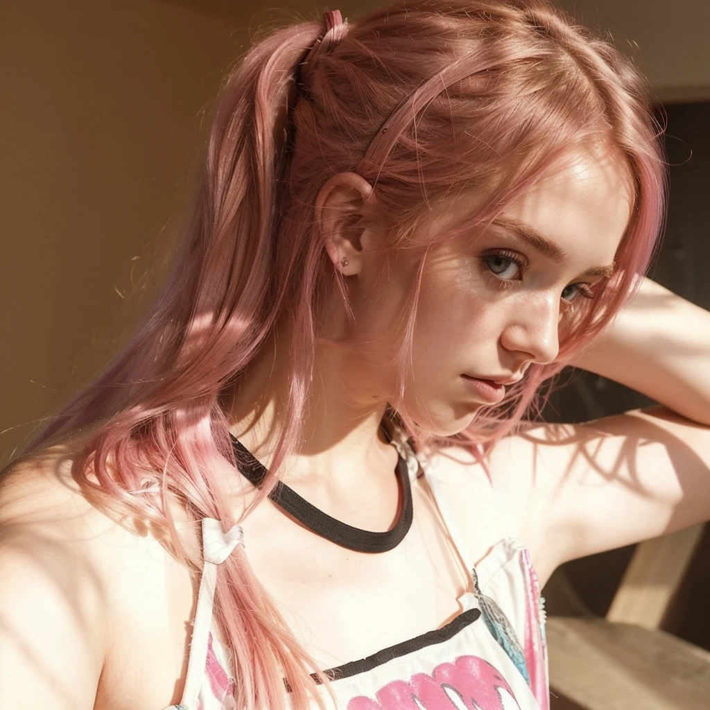 25-year-old Caucasian French girl with shoulder-length messy pink hair, adorned with , hair l . Captured in the best quality, this illustration serves as a 4K wallpaper,