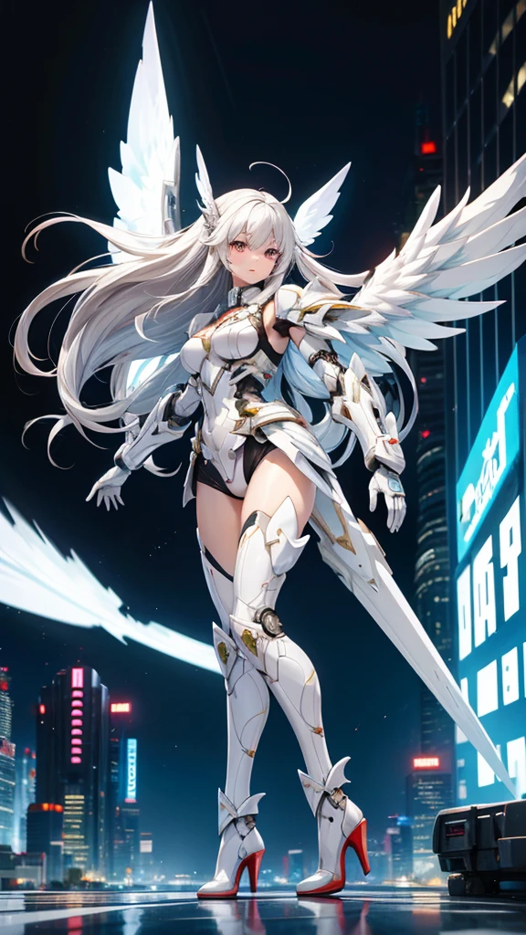 White long hair mecha girl,White armor,wing,Take advantage of it,briefs,Thin legs,high heels,front,Cyberpunk city